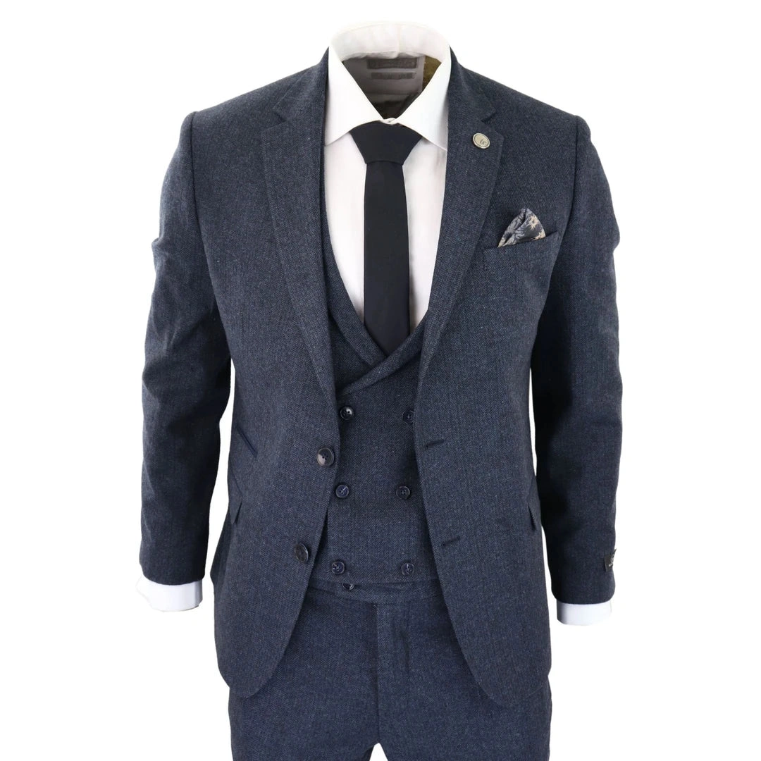 WS25 Elegante Traje Tweed Azul de 3 Piezas con Chaleco Cruzado para Hombres.